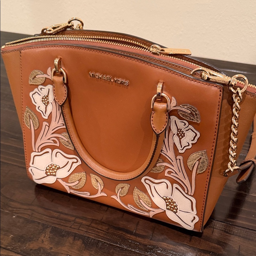 Michael Kors Floral Leather Satchel / Crossbody Bag – Brown with Gold Hardware